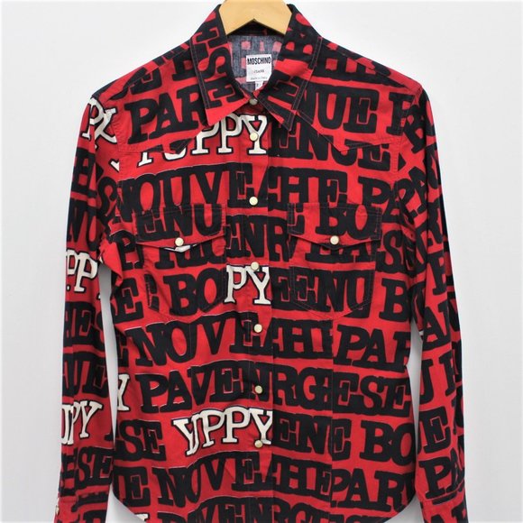 Vintage Moschino Women's Button Down Collared Shirt Size10 All Over Print 45C9NX